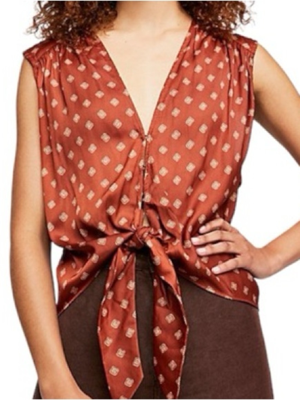 Free People Boho Tie Front Blouse Brown Print Sleeveless Top XS